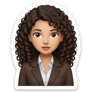 medium deep tan brown business woman with long black curly hair, light rosy cheeks, smoky eyes, dark brown eyes, wearing a dark brown blazer, white shirt sticker