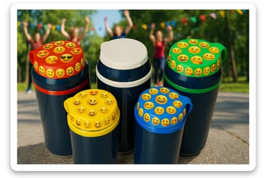 Rakj a kupakokra emoji-kat, smiley-kat, megváltoztathatod a háttereket. valósághű legyen a kép, 1920x1080px méretű legyen. fiatal, dinamikusfotókat készíts! csak a kupak külső részére rakj mintát! sticker