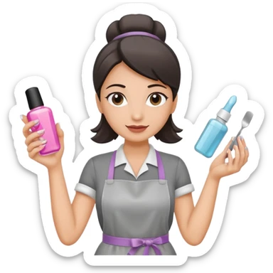 female nail master in grey apron with small gel polish in one hand and nail file in other  sticker