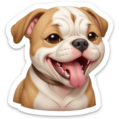 Cinematic Cute Yawning Solid Tan American Bulldog Portrait Emoji, Head tilted slightly with a dramatic, wide-open yawn, short tan fur with a velvety texture, floppy ears slightly drooping, round brown eyes barely open in drowsy contentment, Simplified yet irresistibly adorable features, highly detailed, glowing with a soft, cozy glow, high shine, relaxed yet expressive, stylized with a touch of whimsy, bright and endearing, soft glowing outline, capturing the essence of a sleepy yet affectionate pup, so drowsy it feels like it could stretch right out of the screen and curl up for a nap! sticker