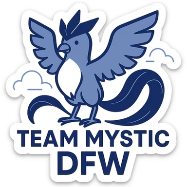 logo for Pokémon Go Team Mystic DFW featuring iconic blue Articuno, bold text 'Team Mystic DFW', modern clean style, blue and white color scheme sticker