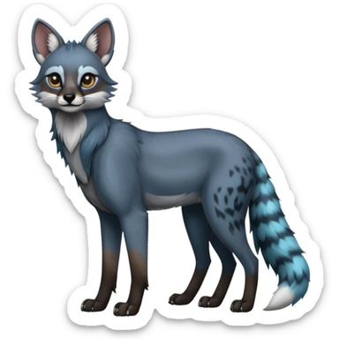 Realistic edgy cute cool bluish greyish blackish whitish silvery coppery Shiny Colorful Dusky Dark Gloomy Glossy Maned-Wolf-Genet-Caracal-Lion-Bobcat-fusion-animal-hybrid-creature, full body, tufted ears, long thin tufted tail sticker