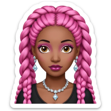 Attractive black woman with a wide face, dark makeup, Long pink braids and diamond earrings sticker