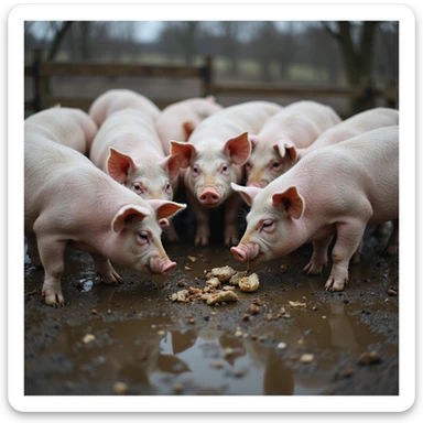 realistic scene of a group of pigs in a muddy pen, some eating leftovers and others approaching feces on the ground, rural atmosphere, natural details, 4K quality sticker