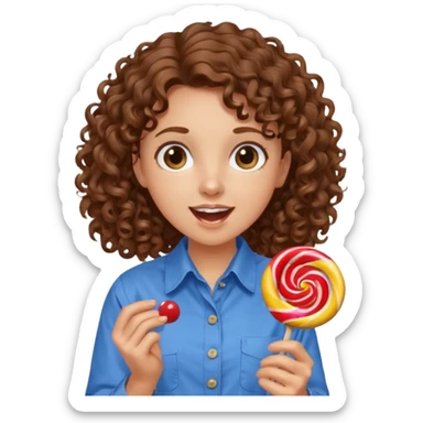 girl with brown curly hair in a blue button-up shirt loving candy excited sticker