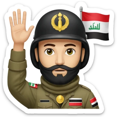 surrenders, depicts an Iraqi soldier from 1980, with a beard, in a helmet, a helmet with sign flag Iraq, with a balaclava, with sad eyes and both hands raised up sticker