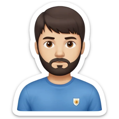 Argentine male with straight dark brown hair and bangs, short complete beard, serious neutral face, wearing plain blue t-shirt sticker