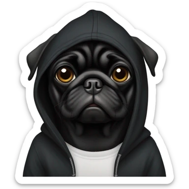 Black pug wearing a black hoodie sticker