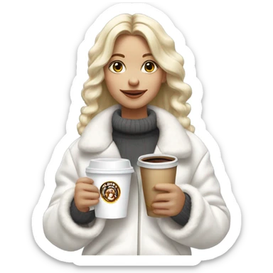 blonde girl wearing white fluffy jacket and a coffee to go in hand all dress white and a white bow on hair sticker