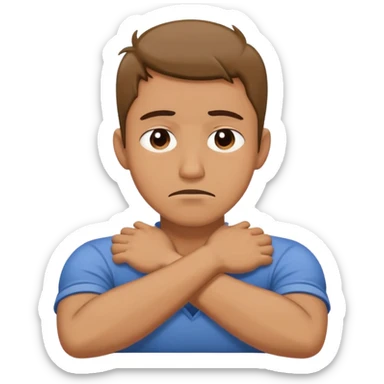 Guy grabbing his neck while his arms are crossed with a sad face sticker