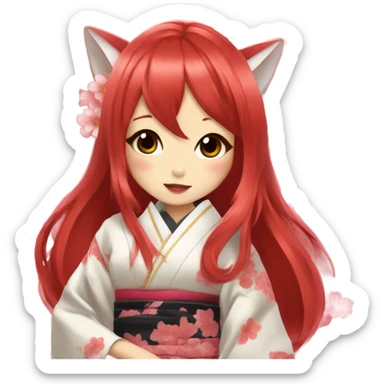 hime gyaru girl, kimono, red hair, kitsune mask sticker