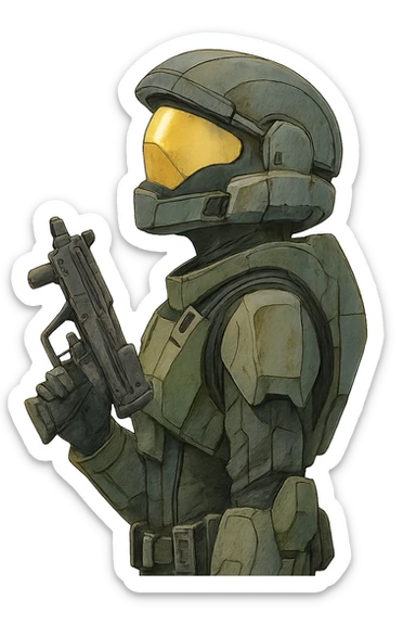 A female odst, right shoulder profile, helmet on, looking up to the sky, holding their trademark suppressed smg at ease sticker