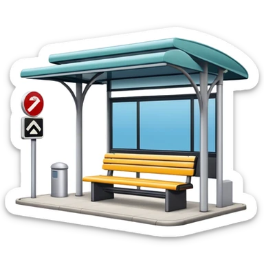A bus stop with a shelter, a bench, and a signpost displaying the bus route information sticker