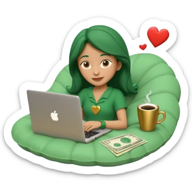 3D clay character relaxed with laptop and coffee, floating icons (envelope, heart, dollar), deep green (#0B3D2C) outfit, gold icons, cream laptop, Pixar style, transparent background sticker