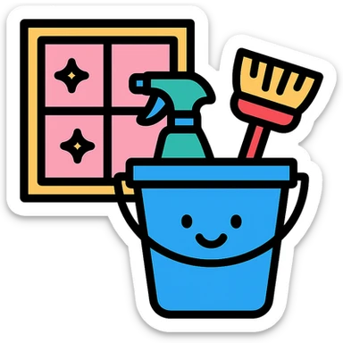 bucket with cleaning supplies next to a window, cheerful and tidy sticker