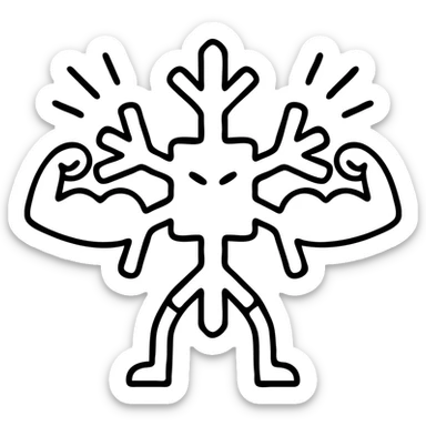 a mighty strong snowflake, cartoon style, flexing, radiating power, thick black outlines sticker