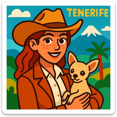 portrait of a cowgirl woman wearing a cream shirt and cognac jacket, freckles, tanned skin, hazel eyes, auburn hair, holding a beige chihuahua in her arms, blurred background of Tenerife, cartoon style sticker