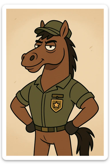 brown horse with an army vibe, cartoon style, standing proudly with a military badge sticker