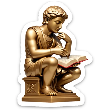 An icon featuring a thinker statue, a scroll, symbolizing philosophy. The design includes books and abstract symbols representing deep thought and wisdom. Transparent background highlights the study of ideas, logic, and existential questions sticker