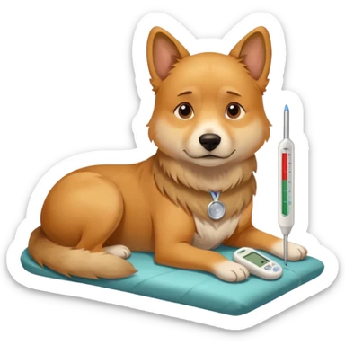 A sick dog lying down with a digital thermometer placed next to it, showing a fever.
The dog looks tired and weak, with a warm and cozy indoor atmosphere. sticker