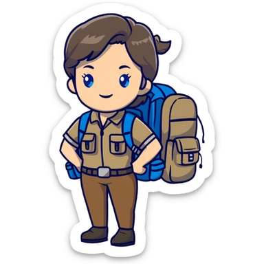 white woman park ranger with gray and brown hair, blue eyes, wearing a backpack sticker