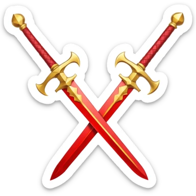 Two crossed swords that are golden in blade and handle and have fiery and royal appearence to them as well as red gem stones yellow in color sticker