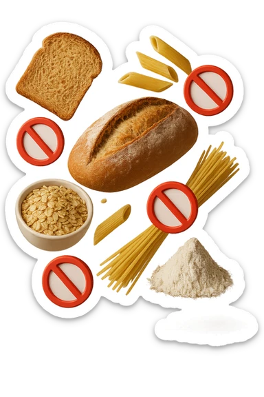 cereali, pane, pasta e farine realistici fluttuano in aria con piccoli divieti 3d, IPERREALISTICO 4K sticker