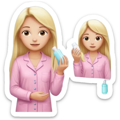 A girl in a light pink pajama is taking care of her skin, doing skincare routines in the bathroom in front of the mirror, her hair is long, blonde, and straight. sticker