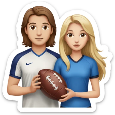 Man with brown hair with a football and woman with long blonde hair with a football sticker