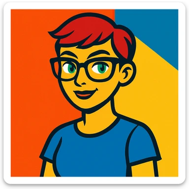 woman with a short pixie haircut, green eyes, glasses, and a short sleeve shirt, vibrant cartoon style sticker