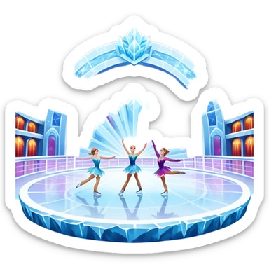 An icon of a theatrical ice show with costumed figure skaters performing a dramatic scene on a glowing ice stage. Spotlights, colorful scenery, and a cheering audience in a grand arena convey the magic and artistry of the ice performance. Transparent background included. sticker