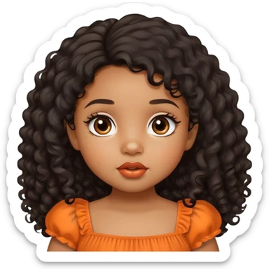 light brown skin tone, very adorable toddler, with big plump lips, long long lashes, black curly hair, middle hair parting, brown eyes, orange dress sticker