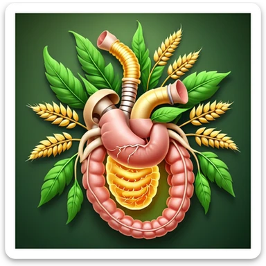 Human digestive system with esophagus, stomach, intestines, and colon highlighted, surrounded by golden wheat ears and green leaves, with glowing healing particles flowing through the digestive tract, creating a purifying effect sticker