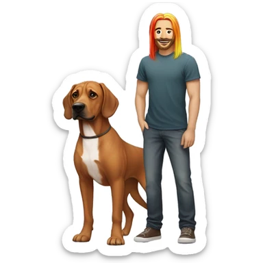 white male with long rainbow colored hair standing alongside a brown rhodesian ridgeback sticker
