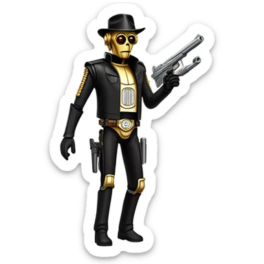 battle rough and tough bounty hunter c3Po wearing Satan’s leather outfit with guns and flat-brimmed hat on head. walking away happy sticker