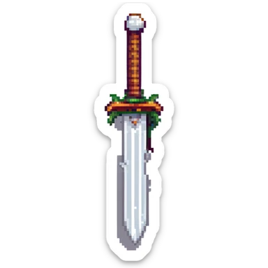 Rotate the sword 270 degrees and make it larger, keep 8-bit pixel art style, transparent background. sticker