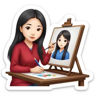 Asian woman in long hair drawing on drawing table  sticker