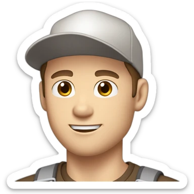 Pale skinned fit Man with dark brown hair in a light gray cap, dark brown jeans, brown polo and white T-shirt keeping a pasted with tape white box into his hands sticker