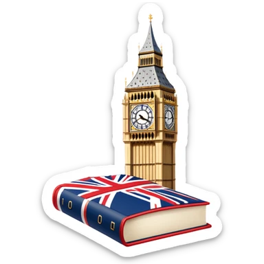 An icon featuring the Big Ben clock tower and the flag of the United Kingdom, symbolizing the English language. The design includes an open book with English words and phrases, representing language learning and cultural exploration. Transparent background  sticker