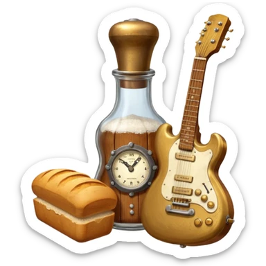 steampunk - a bottle of salt (salt shaker) and a loaf of  bread with a small SG Gibson electric guitar sticker