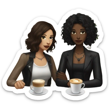 puerto rican woman light skin with shoulder-length, wavy, brown hair drinking latte with Italian goth woman with black, straight hair drinking espresso at table sticker