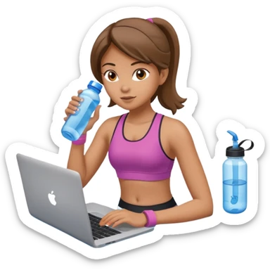 A girl working out with a water bottle and laptop in front of the girl  sticker