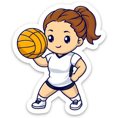 A girl with a brown pony braid holding a volleyball that looks cool sticker