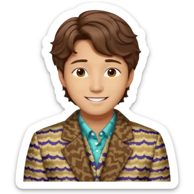 Design a Korean male idol with wavy brown hair, patterned jacket & cheerful smile, inspired by V of BTS. sticker