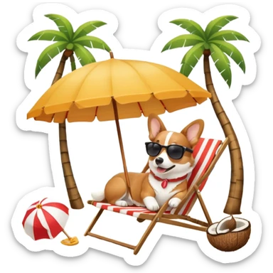 a corgi dog laied on a beach chair, a sunny beach, a sun umbrella, and beach coconut trees. the icon should capture the essence of a relaxing beach vacation with a carefree atmosphere sticker