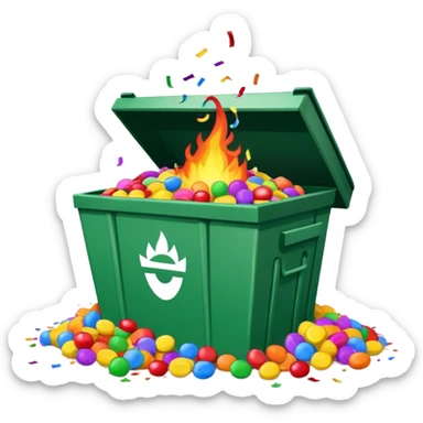 Dumpster fire piñata with confetti and candy sticker