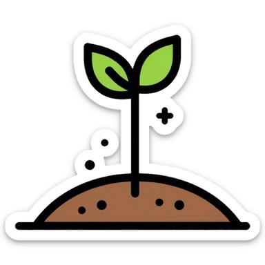 A simple outlined seedling sprouting from soil with small green leaves and a tiny upward graph line, representing the 1% improvement principle sticker