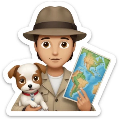 Handsome brunette man with small white dog and a map looking cool sticker
