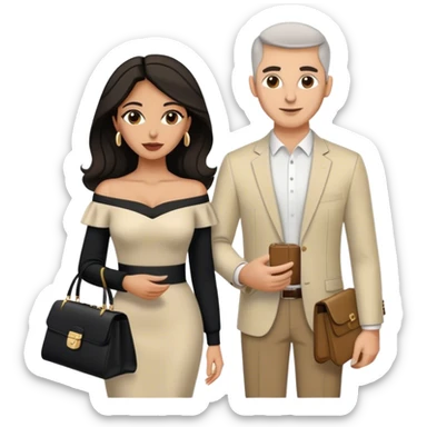 the Lebanese white man dressed in all black, and the Palestinian woman in an elegant off-shoulder cream-colored outfit with a matching handbag. sticker