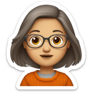 cute chubby girl with light grey glasses with long straight brown hair waving wearing a dark orange sweater sticker